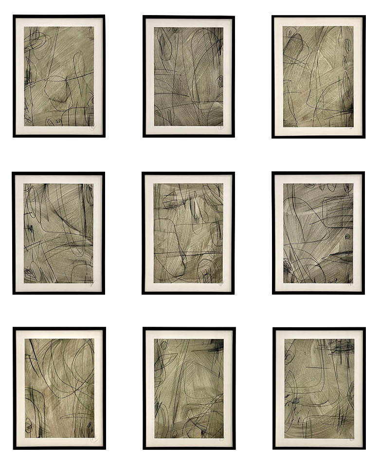 Geometric Line Studies — Charcoal  - Nine Pieces Mix Media