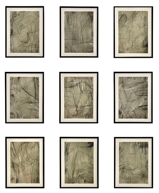 Geometric Line Studies — Charcoal  - Nine Pieces Mix Media